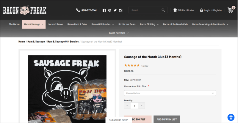 screenshot of Bacon Freak Sausage of the Month Club's web page, mainly white page with black header which bears the website's name and logo along with other info and search bar, underneath it is a dark grey banner with the main menu, the page is showing the details of the club subscription accompanied by an image of the company's logo with text overlay.
