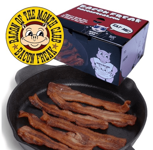 Bacon in a pan with a box behind it