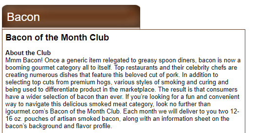 Text about bacon of the month club