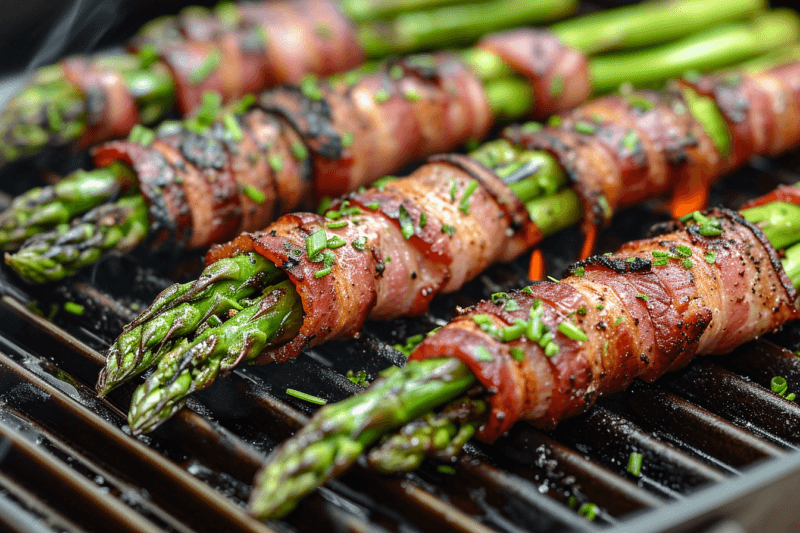 Freshly cooked asparagus and bacon spears on a bbq grill