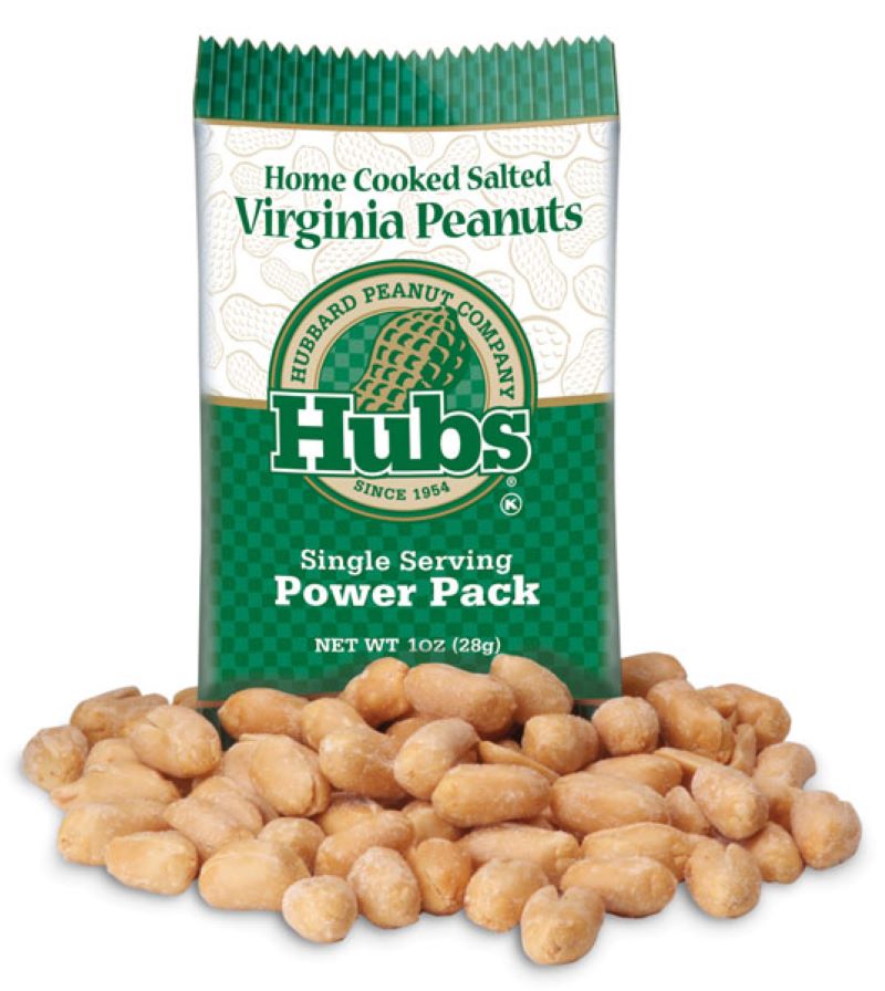 Single Serving bag pf peanuts.  The bag is Green at the top and bottom with a whitish strip in the middle that states Home Cooked Salted Virginia Peanuts - The middle of the bag states Hubbard Peanut Company - Hubs
Single Serving Power Pack.  At the base of the bag are a small pile of peanuts