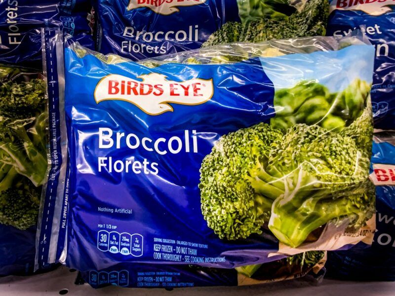 A bag of Birds Eye frozen broccoli florets