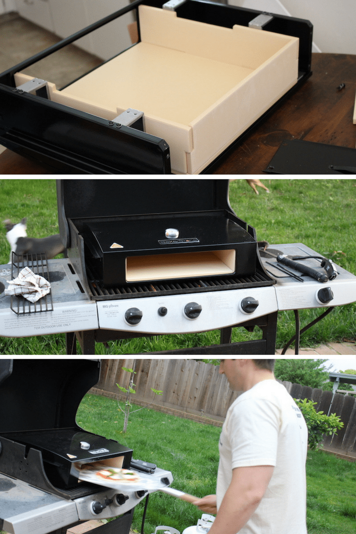 3 images of assembling bakerstone pizza box, putting it on a gas grill, and making a pizza in my backyard