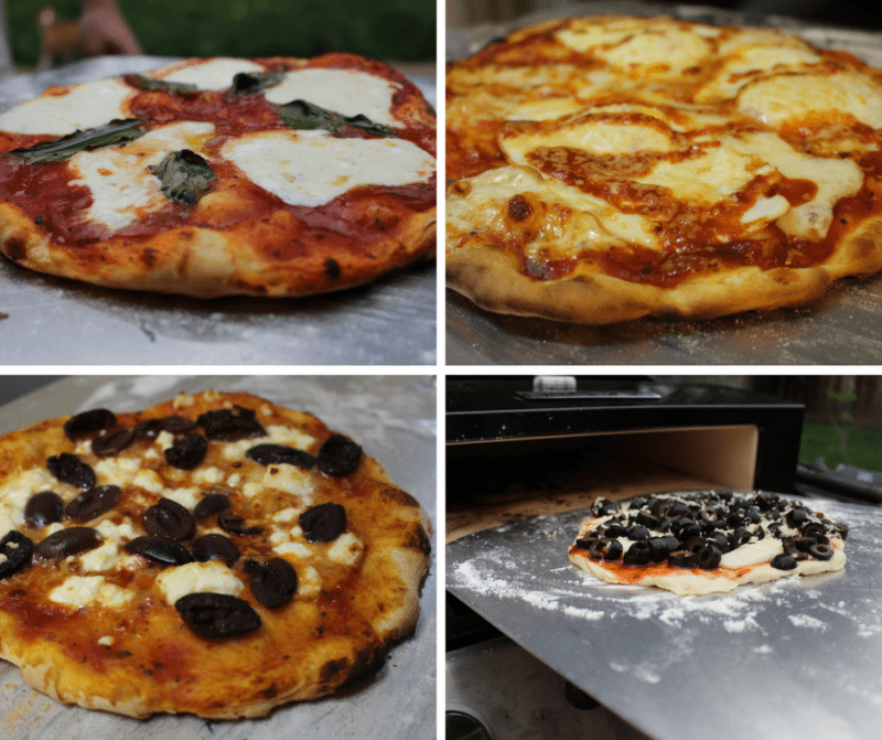 four artisan pizza creations made with the bakerstone pizza oven box