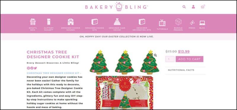 A website screenshot showing glittery cookie Christmas trees