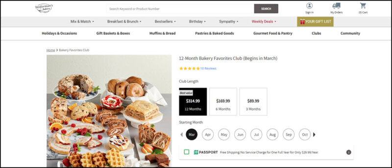 A website screenshot from Bakery Favorites Club showing a large selection of different pastries, plus club details