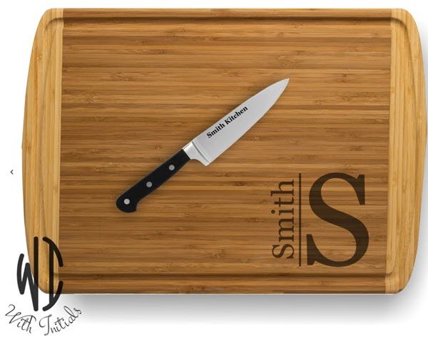 Bamboo-Cutting-Board-With-Engraved-Knife | Food For Net Two-tone cutting board with a monogram and surname.
