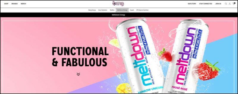 A pink and purple website background with Bang Meltdown energy drink