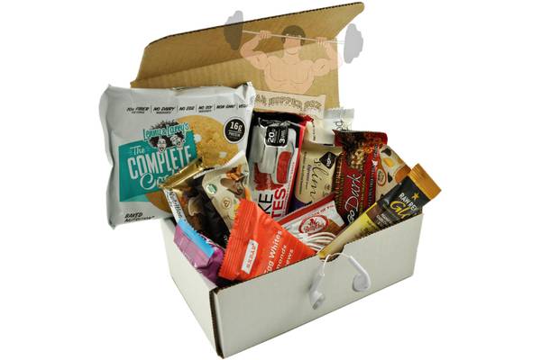 A white box with a selection of protein bars