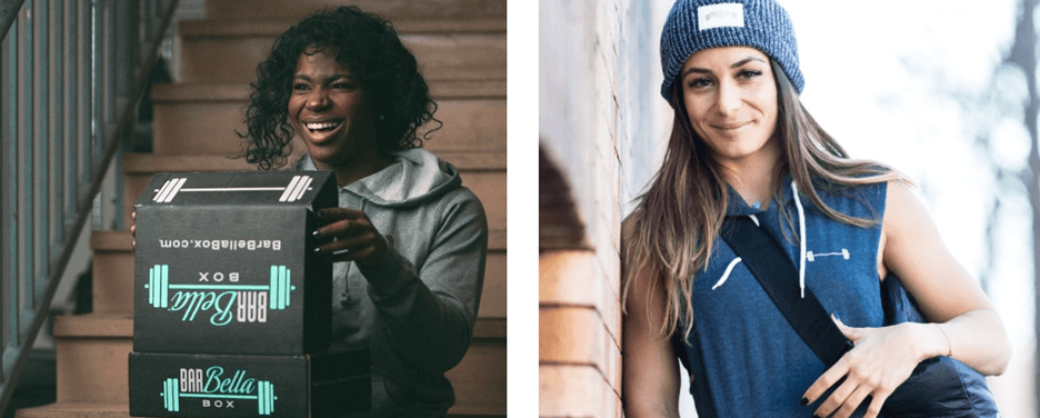 Two photos side by side, one with a woman sitting a stairs with an open barbella box in her lap smiling. The other photo is a woman sporting her Barbella navy colored clothes leaning against a building outside.