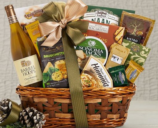 Barrel Hoops Chardonnay Bon Appetit Wine Basket | Food For Net Basket containing many different items and wrapped with ribbon and a bow