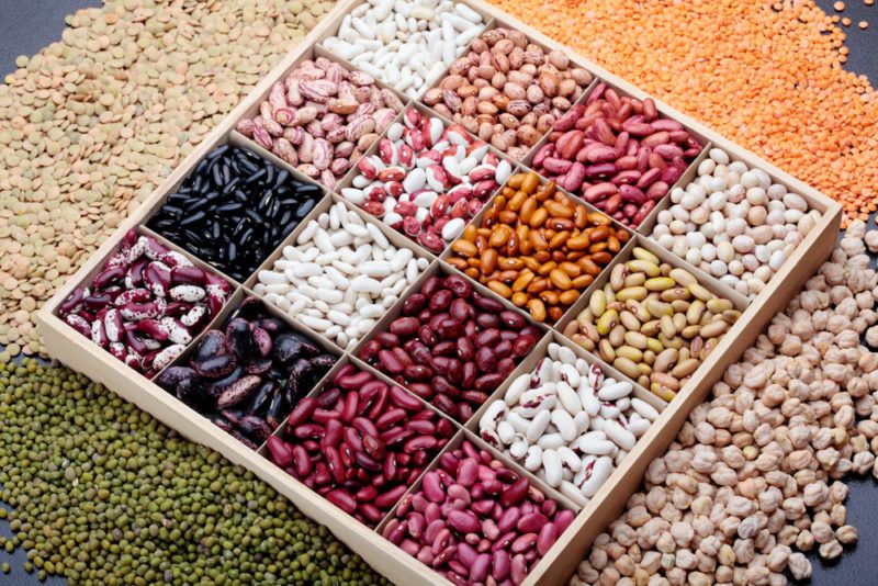 A square tray containing many different types of beans