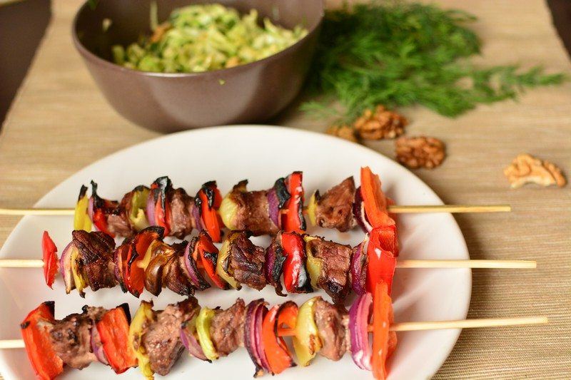 Beef and Vegetable Skewers with Cabbage Salad and Walnuts Food For Net