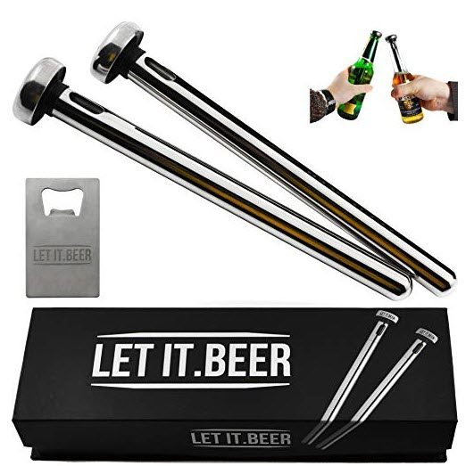 Selection of two beer chiller sticks, along with a beer opener and two people clinking beers. 