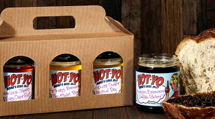 4 types of beer jelly, along with some bread. 