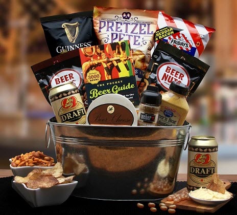 Metal tub containing a selection of beer-flavored food with more scattered below it. 