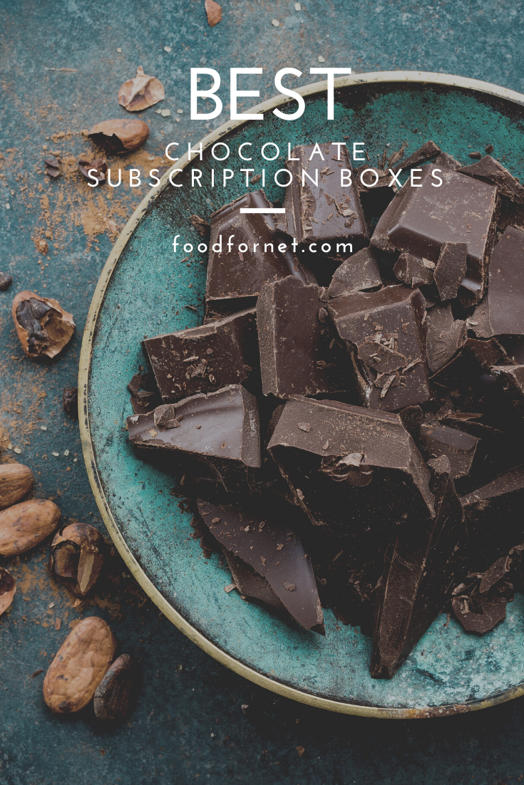 craft chocolate bar broken into pieces with text overlay, "best chocolate subscription boxes"