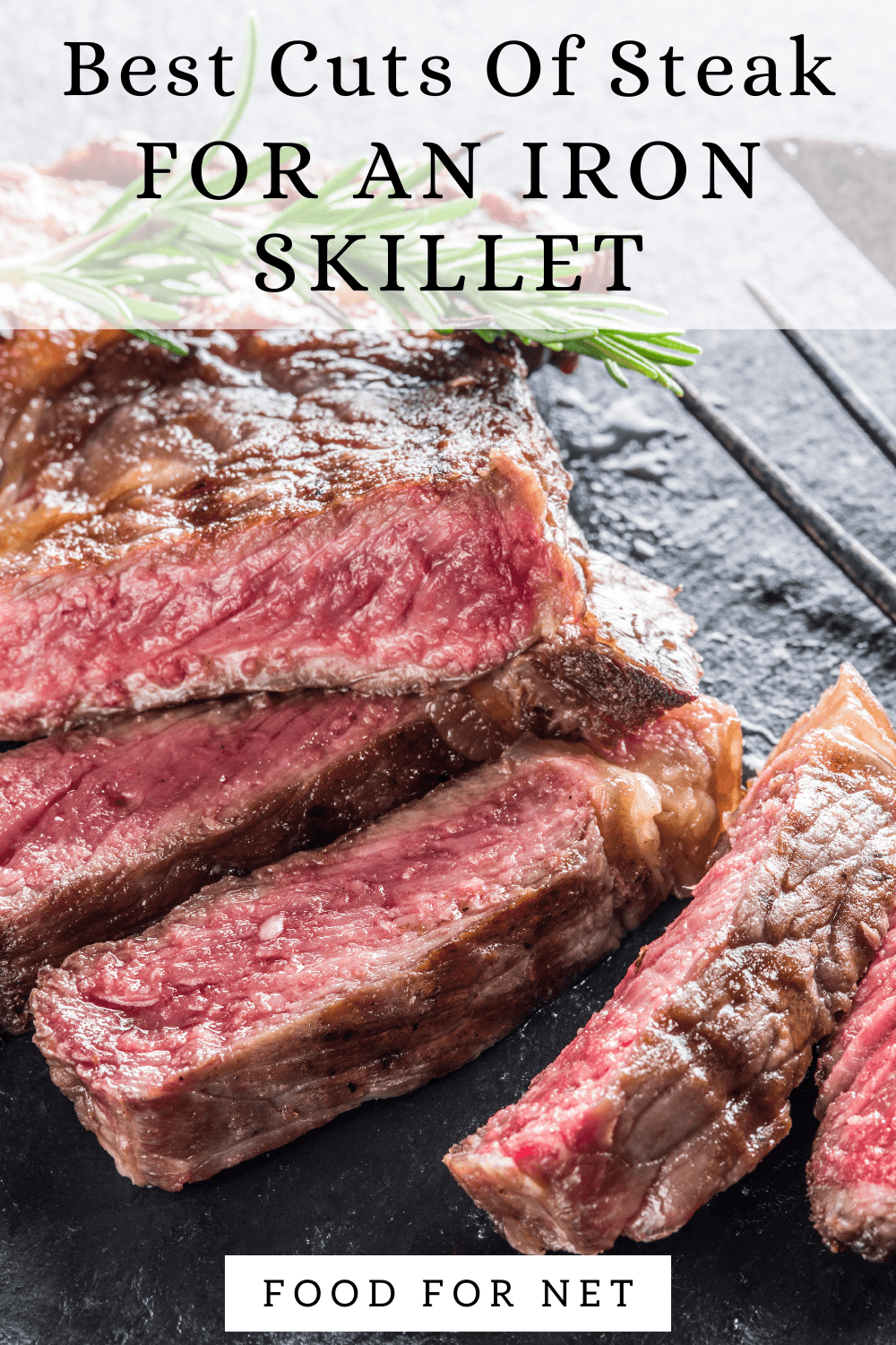 Best Cuts Of Steak For Cast Iron. A sliced piece of rare steak on a serving board, looking at the best cuts of steak for an iron skillet