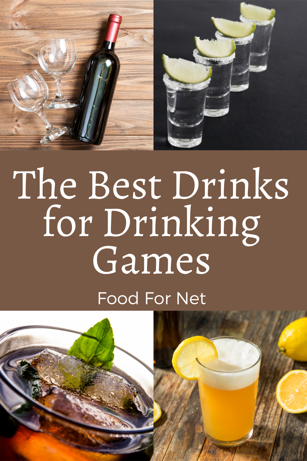 Four types of alcoholic drinks that could be used in a drinking game, including vodka shots, a shandy, wine and glasses, along with a rum and coke