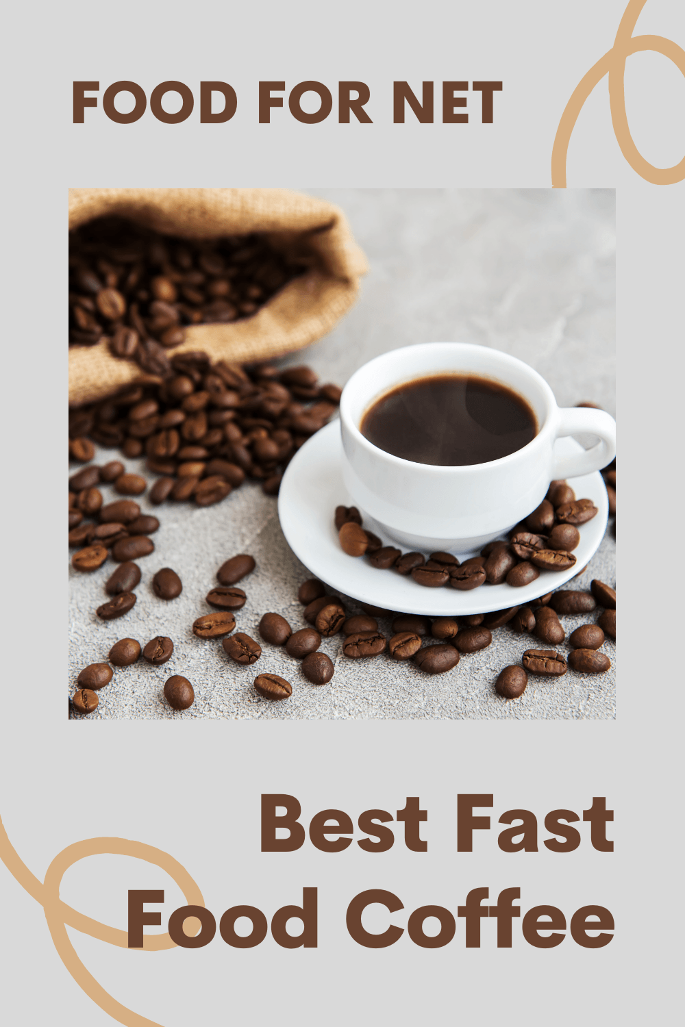 A mug of coffee near coffee beans, with a bag of coffee beans in the top left