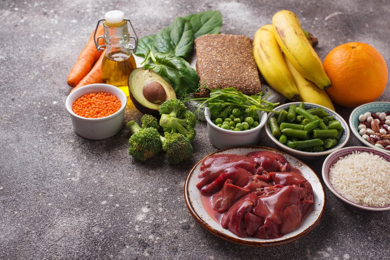 This photo shows several types of folate-rich foods, including bananas, oranges, avocado, broccoli, spinach, liver, peas, and beans, representing the best foods for folic acid.