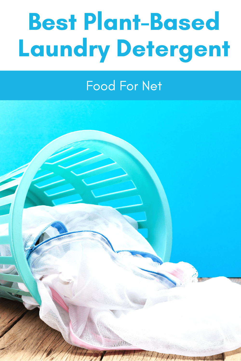 Best Plant-Based Laundry Detergent | Food For Net A laundry basket with washing spilling out of it against a blue background, highlighting the best plant-based laundry detergents