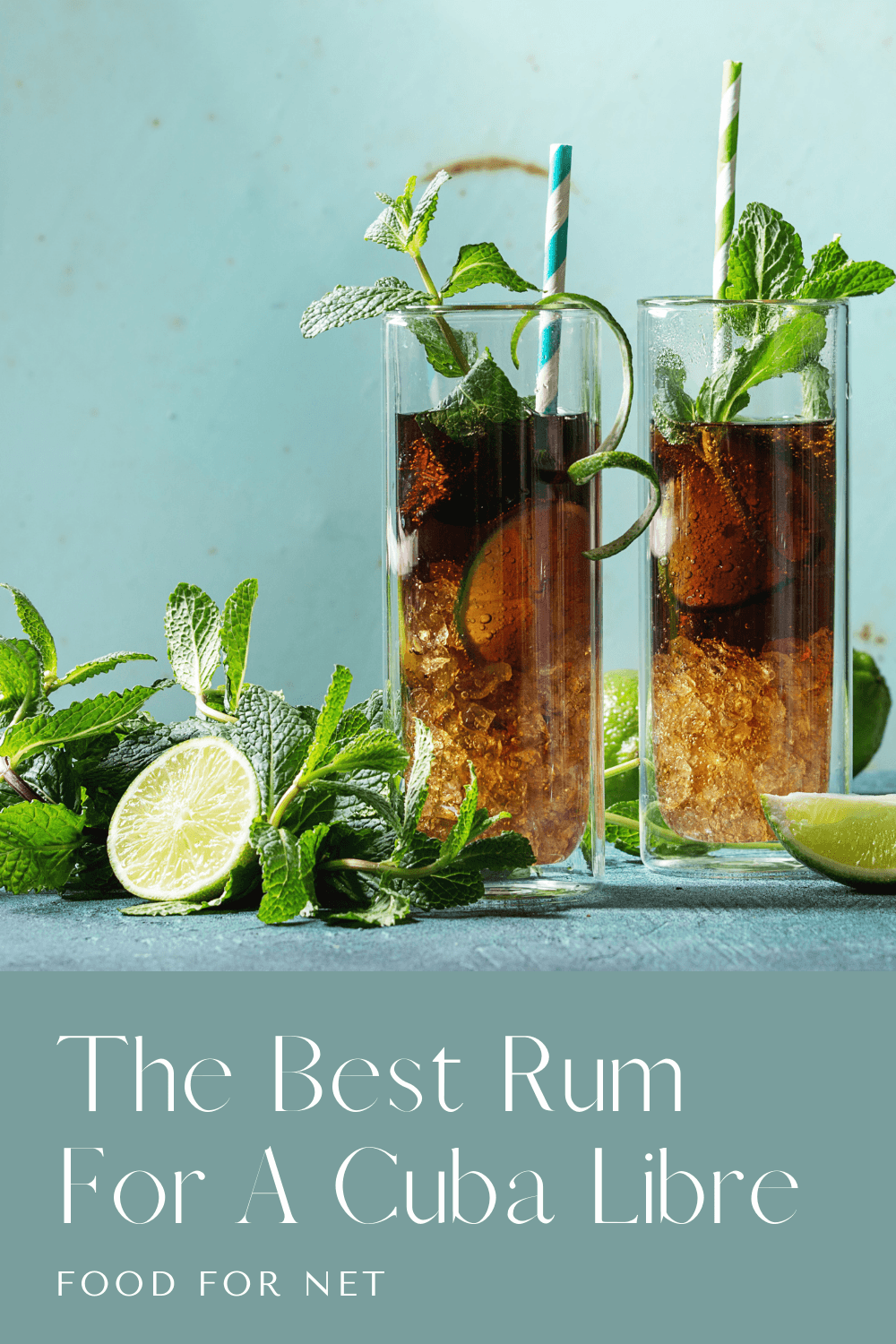 Best Rum For a Cuba Libre. Two glasses of a Cuba libre cocktail next to greenery and lime, against a light blue background