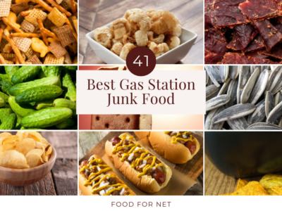 Many types of gas station junk foods, like chili dogs, chips, sunflower seeds, and Chex Mix