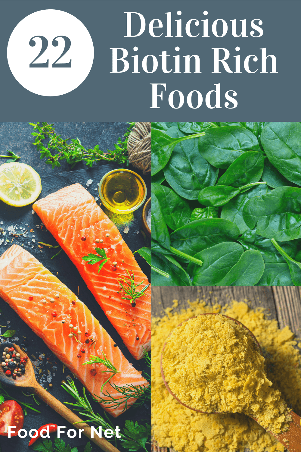 Pieces of salmon, nutritional yeast and spinach, along with text about biotin rich foods