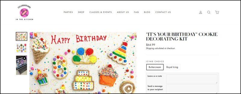 A website screenshot showing a variety of birthday-related cookies, including cakes, cupcakes, and balloons