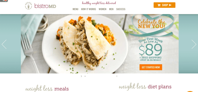 bistro MD website screenshot showing a plate with two chicken tacos and some vegetables