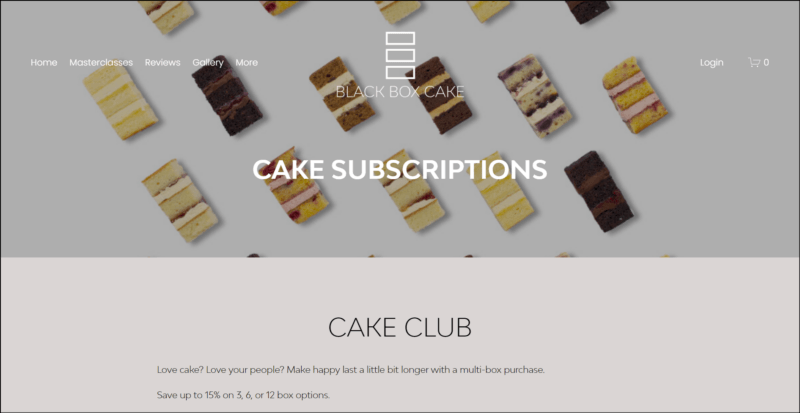 screenshot of Black Box Cake Club Membership's web page with an image of different cake slices for image header bearing the website's name and main navigation menu, the content area is showing the details of the club subscription