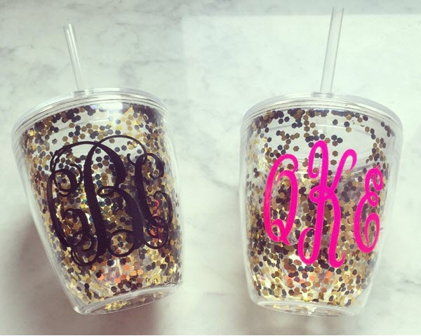 Black & Gold Confetti Stemless Glass | Food For Net Two glasses with black and gold confetti