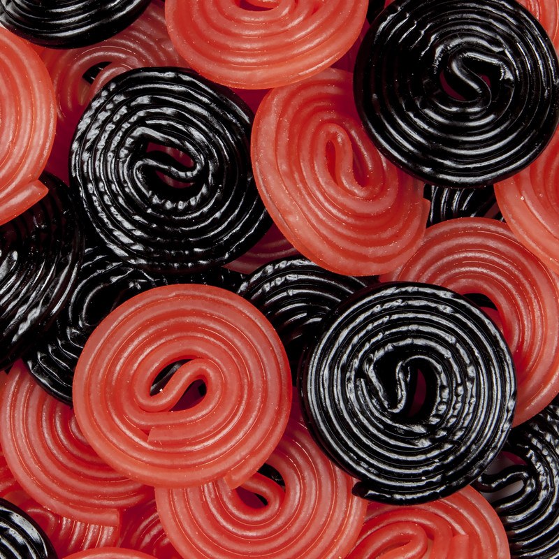 Licorice of the Month Clubs - Black and red licorice wheels filling the whole photo