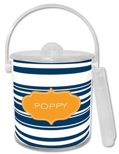 Block Island Ice Bucket | Food For Net A blue and white ice bucket with a yellow logo