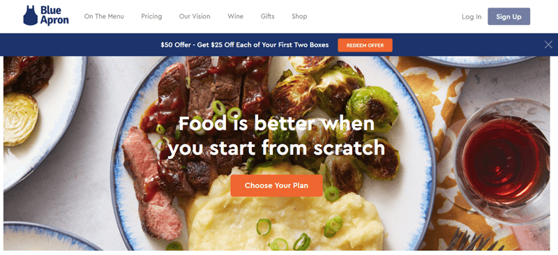 Blue Apron Website Screenshot showing a meal with potatoes, steak and Brussels sprouts