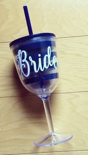 Blue Stripe Acrylic Wine Glass | Food For Net Acrylic wine glass with a blue stripe, text, lid and straw