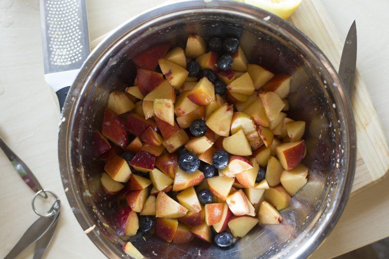 Blueberry Peach Crumble Prep Top Down Fruit Cut Knife