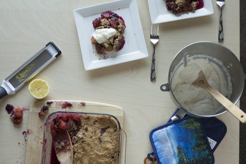 Blueberry Peach Crumble Vanilla Bean Whipped Ricotta Prep Area Ingredients Lemon Zest Behind The Scenes