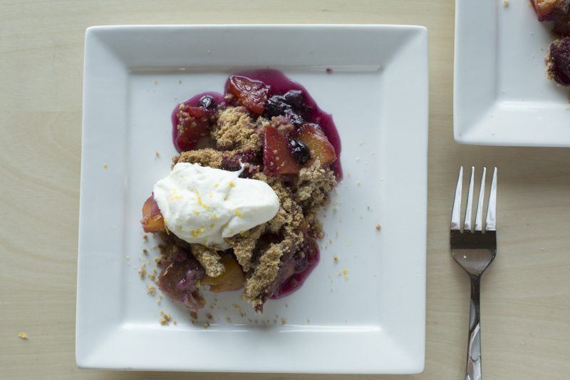 Blueberry Peach Crumble Vanilla Bean Whipped Ricotta Square Plate Detail Top Down Fork