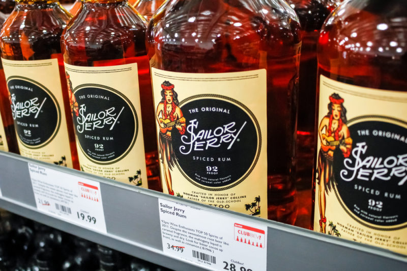 Bottles of Sailor Jerry rum on a shelf