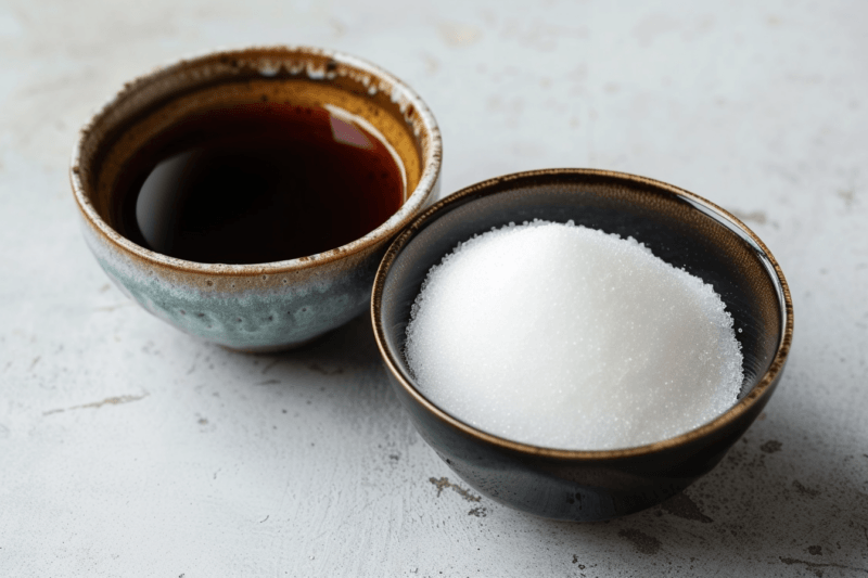 Two bowls, one with molasses and the other with white sugar