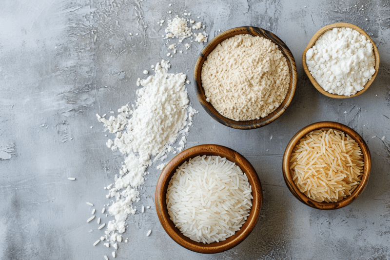 A marble bench top with four small bowls, one of brown rice, one of white rice, one of brown rice flour, one of white rice flour