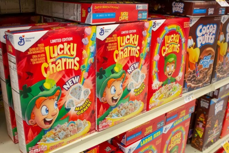 Limited Edition Lucky Charms boxes and boxes of Cocoa Puffs in a store