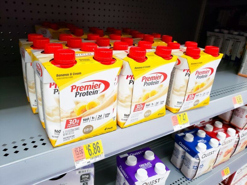 A selection of banana Premier Protein shakes on a grocery store shelf