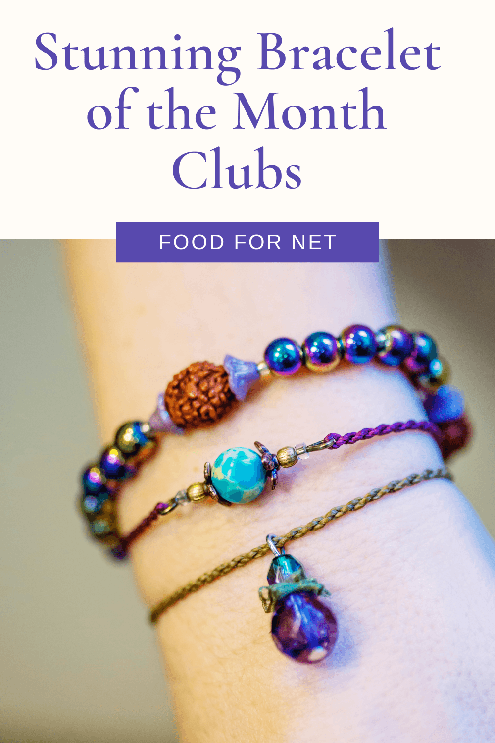 A womans wrist with three types of bracelet that came from bracelet of the month clubs