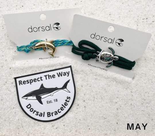 Bracelets from the Dorsal bracelet club with a sticker for the month of May