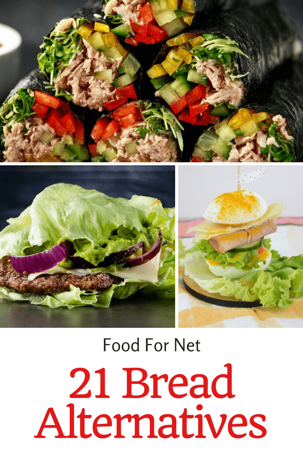 A selection of bread alternatives, including eggs, lettuce wraps, and nori wraps