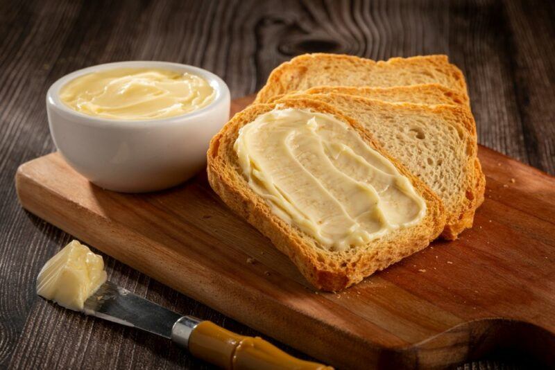 A wooden board with slices of bread and a bowl of butter. One piece of bread has been spread with butter.