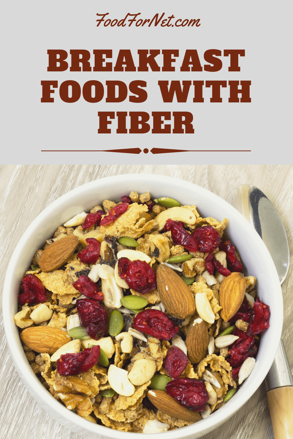 A white bowl with granola, nuts and dried fruit